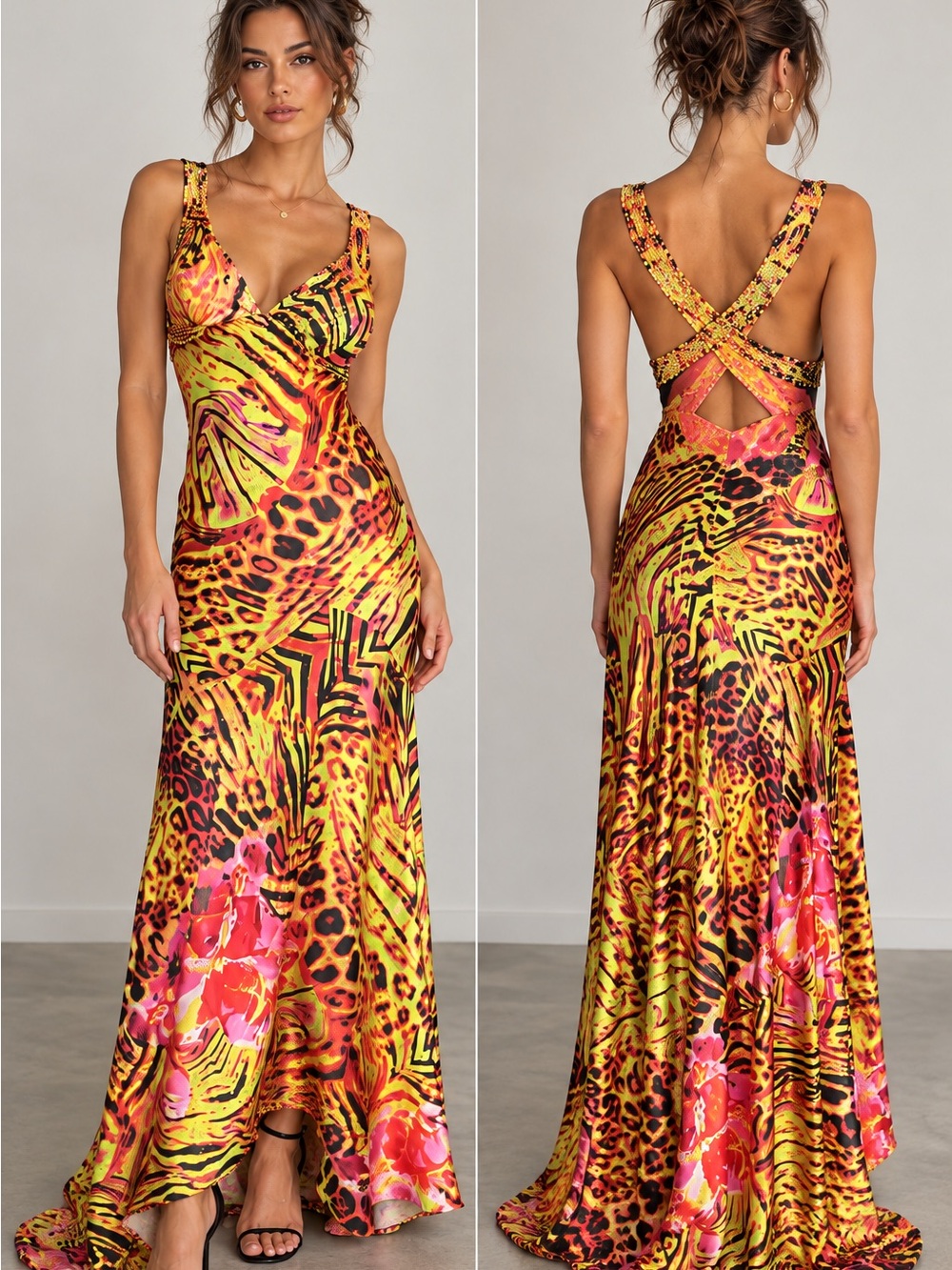 Y2K NIKI Neon Animal Print Beaded Maxi Dress Size 4 Open Back Formal Maximalist